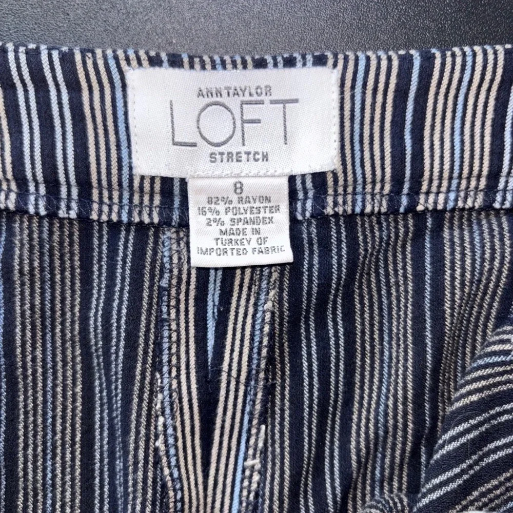 Ann Taylor Loft Sz 8 Gray Blue Stripe Wide Leg Lightweight Coastal Career Pants